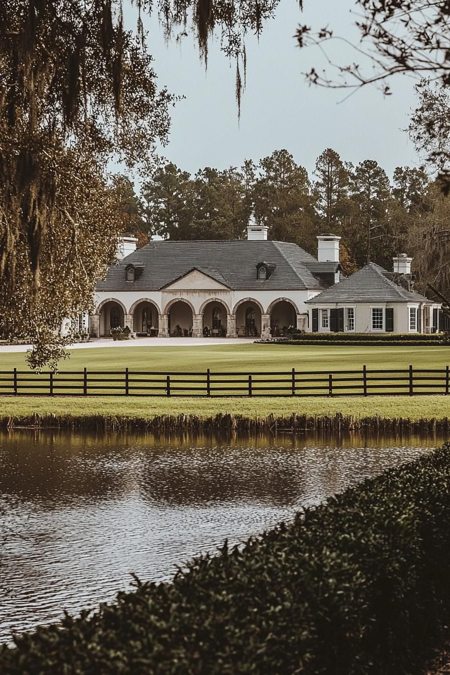 Large country house with arches by a pond