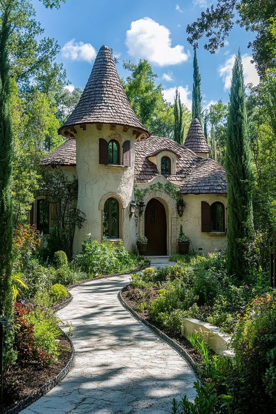 Charming storybook house with curved roof and stone path