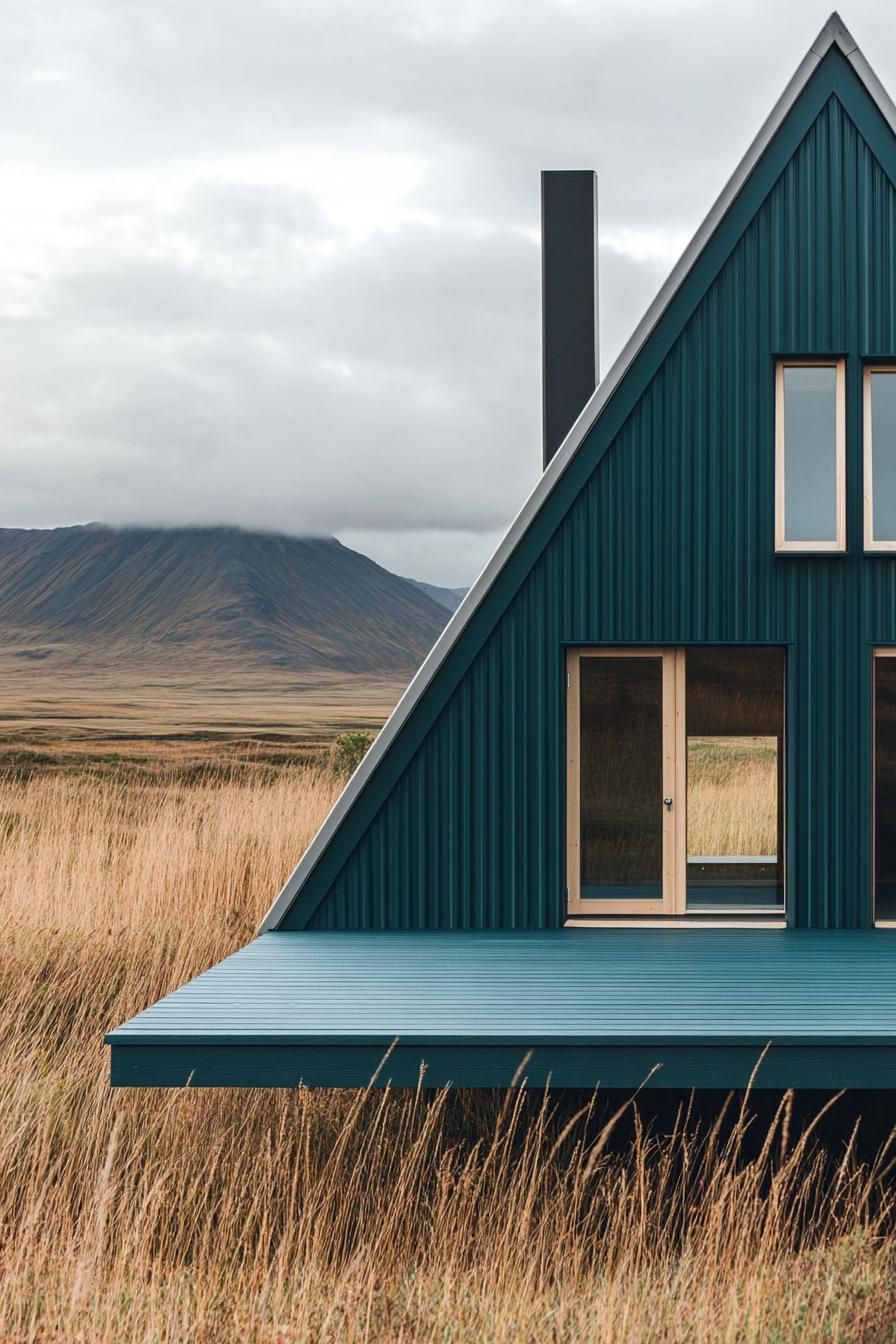 A modern A-frame house in a grassy plain with mountains in the background