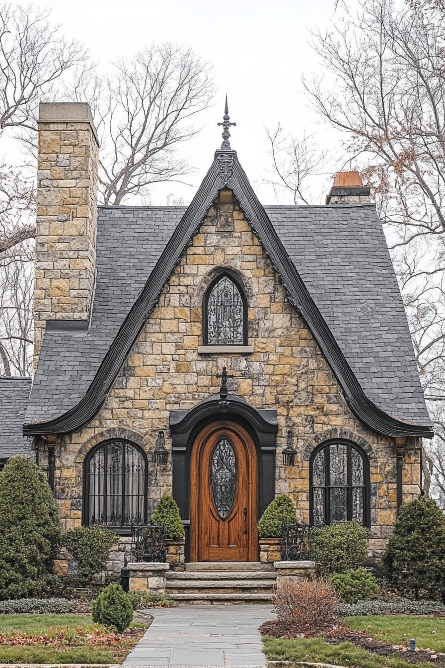 Charming stone house with gothic details and arched door