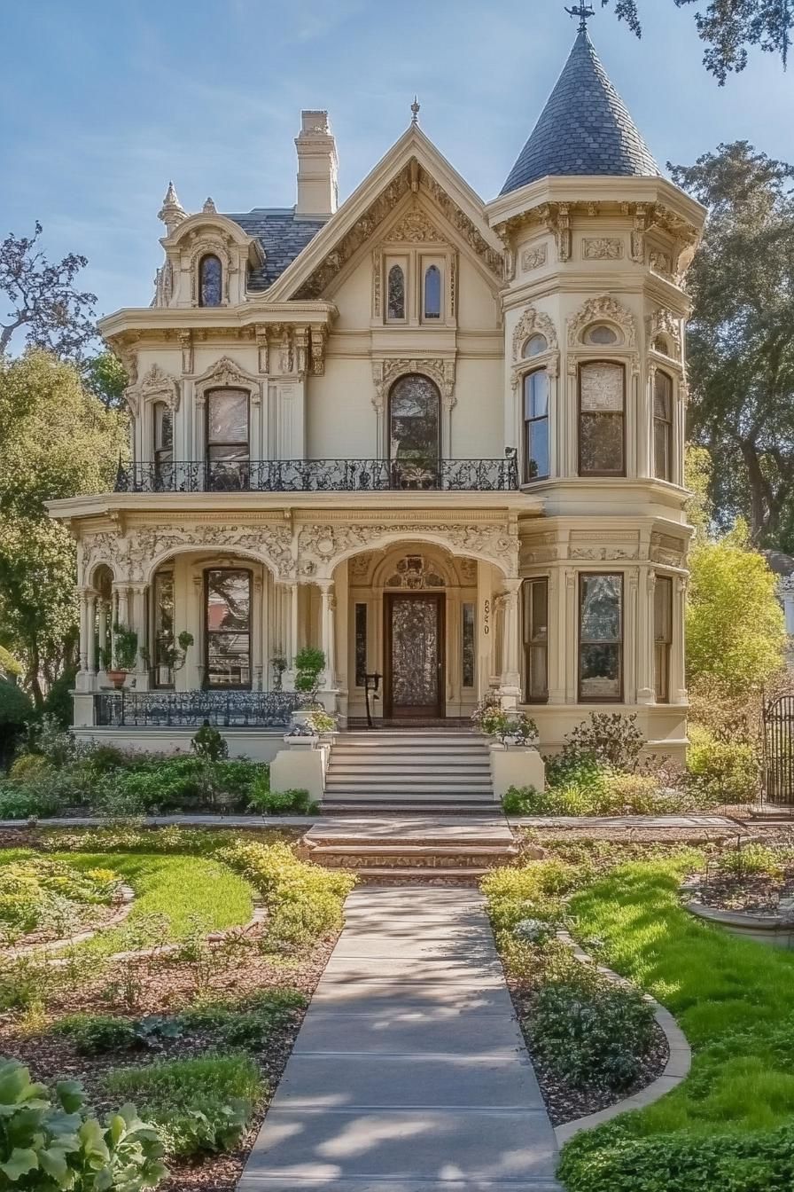 Victorian mansion symmetrical facade with turrets many arched windows creamy stucco front iron balcony 1