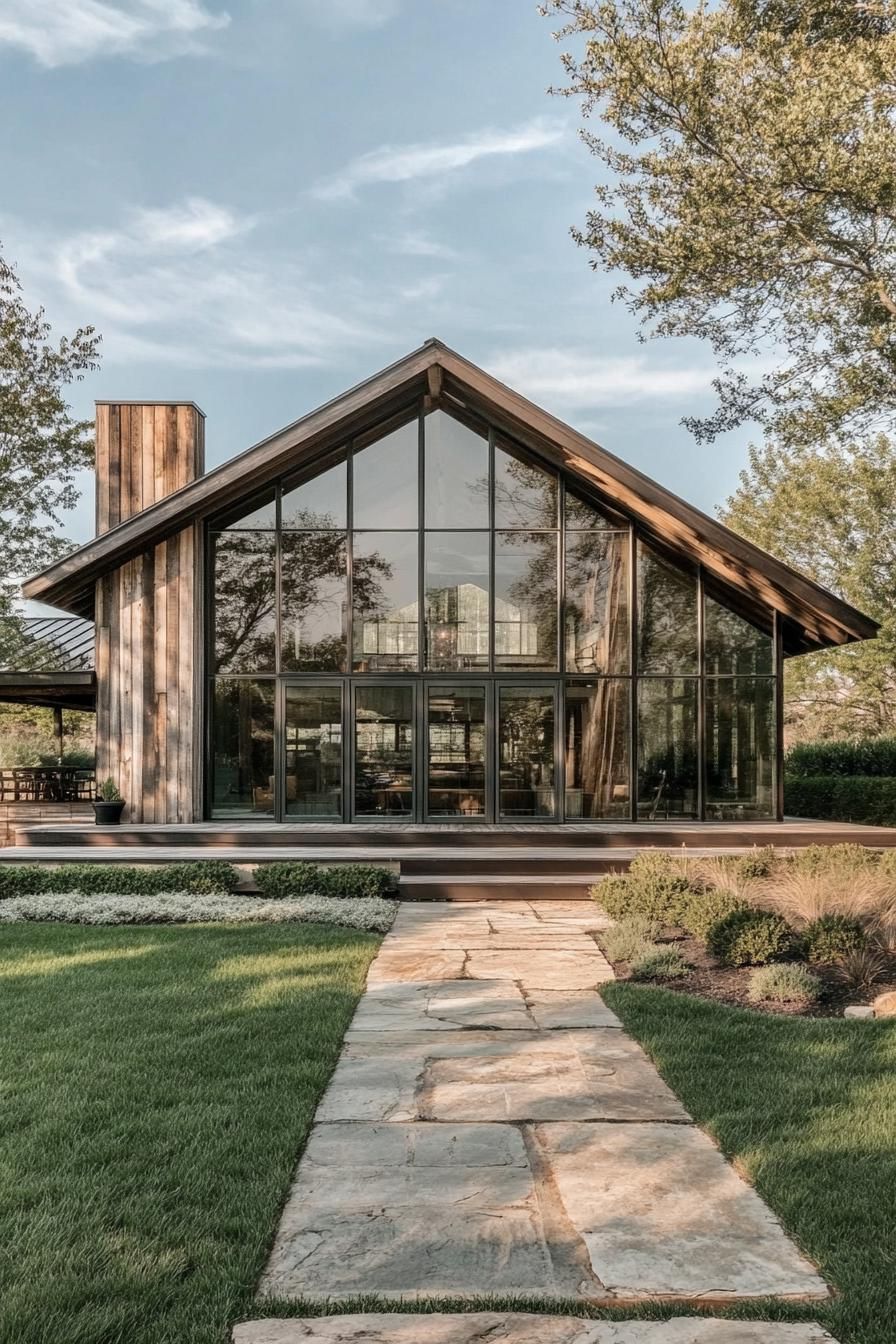 Modern barndominium with glass facade and wooden accents