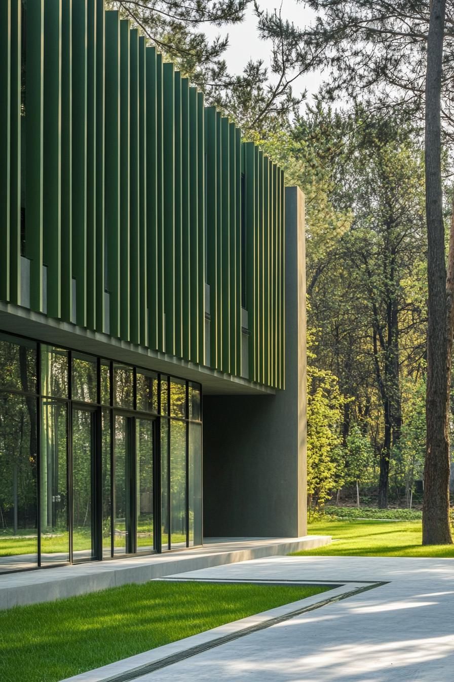 Facade with vertical green slats and glass windows