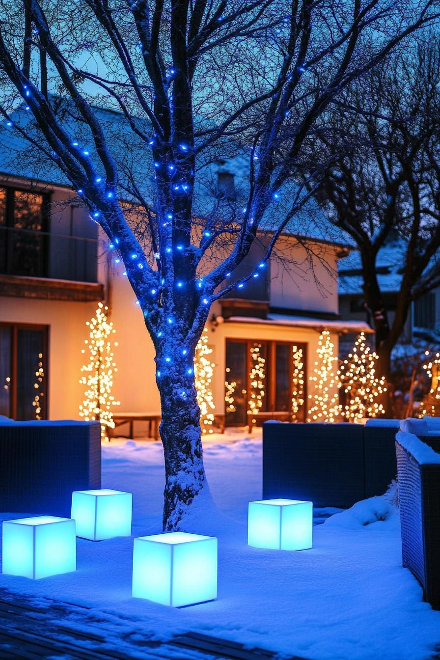 backyard in winter there are modern LED blue light cubes arranged on the ground a large tree with fairy lights no cushions v 6.1