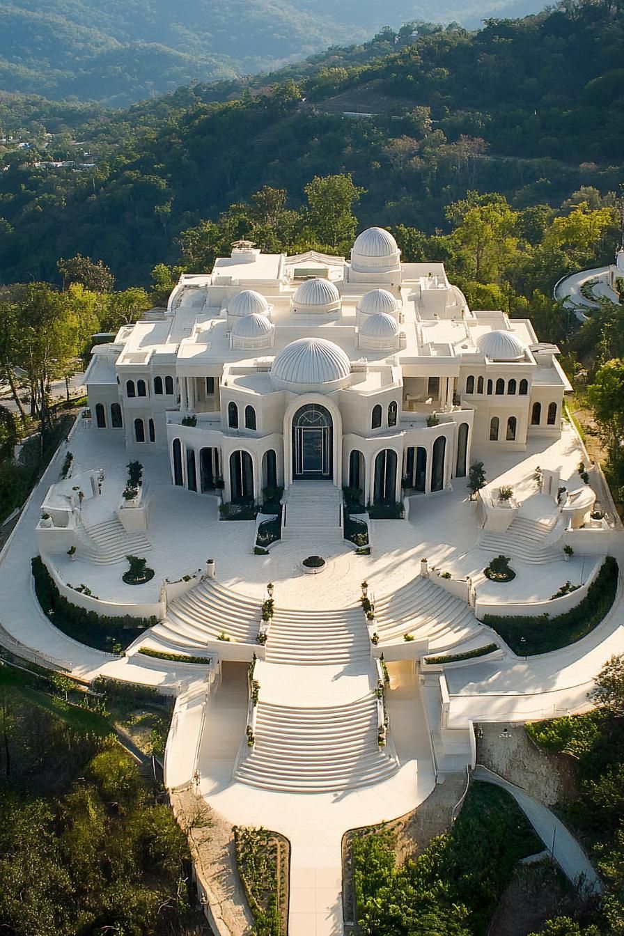 Massive mansion with white domes and grand staircase