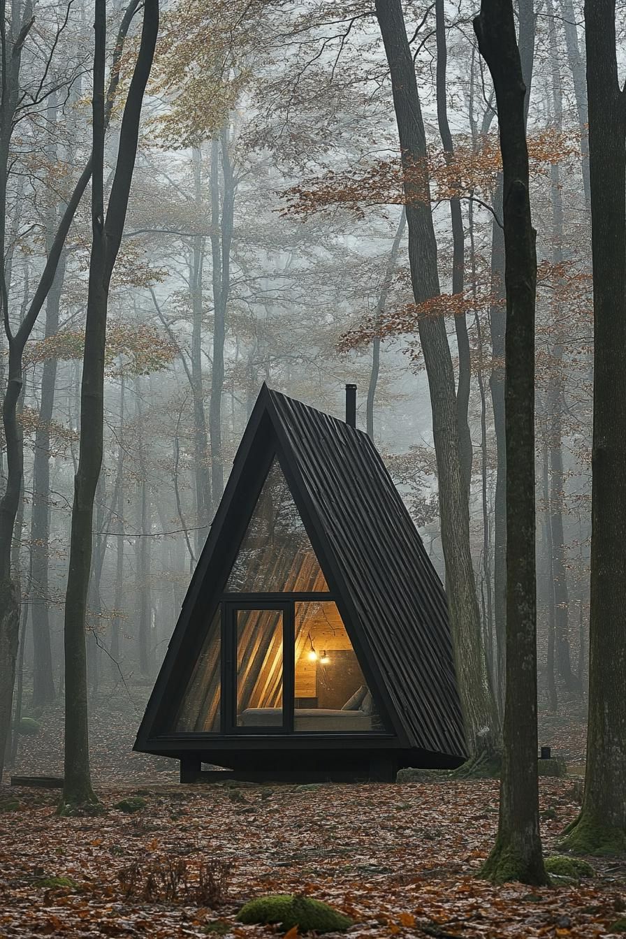 A-frame cabin nestled in a misty forest