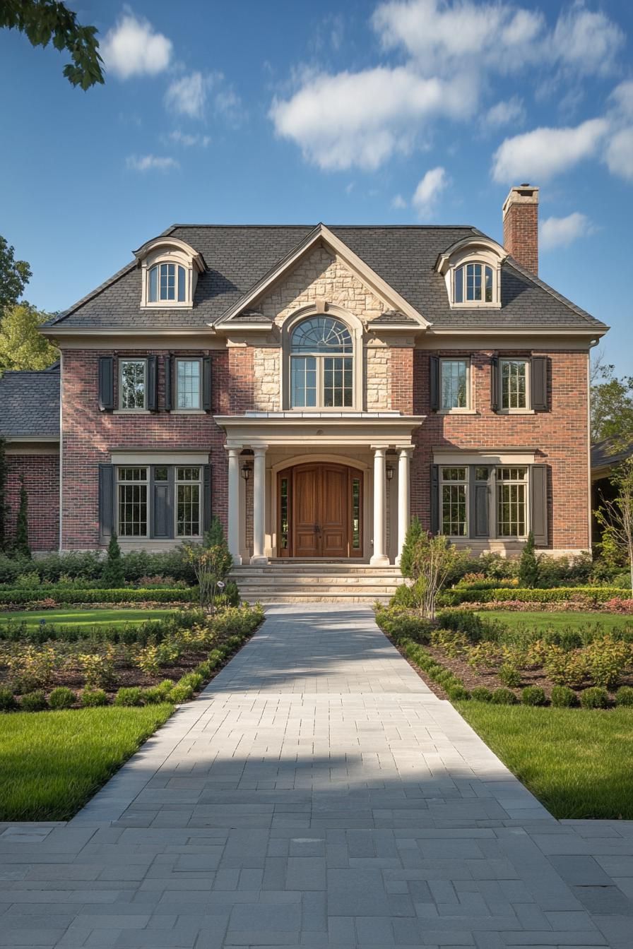 Elegant brick Georgian home with a manicured garden