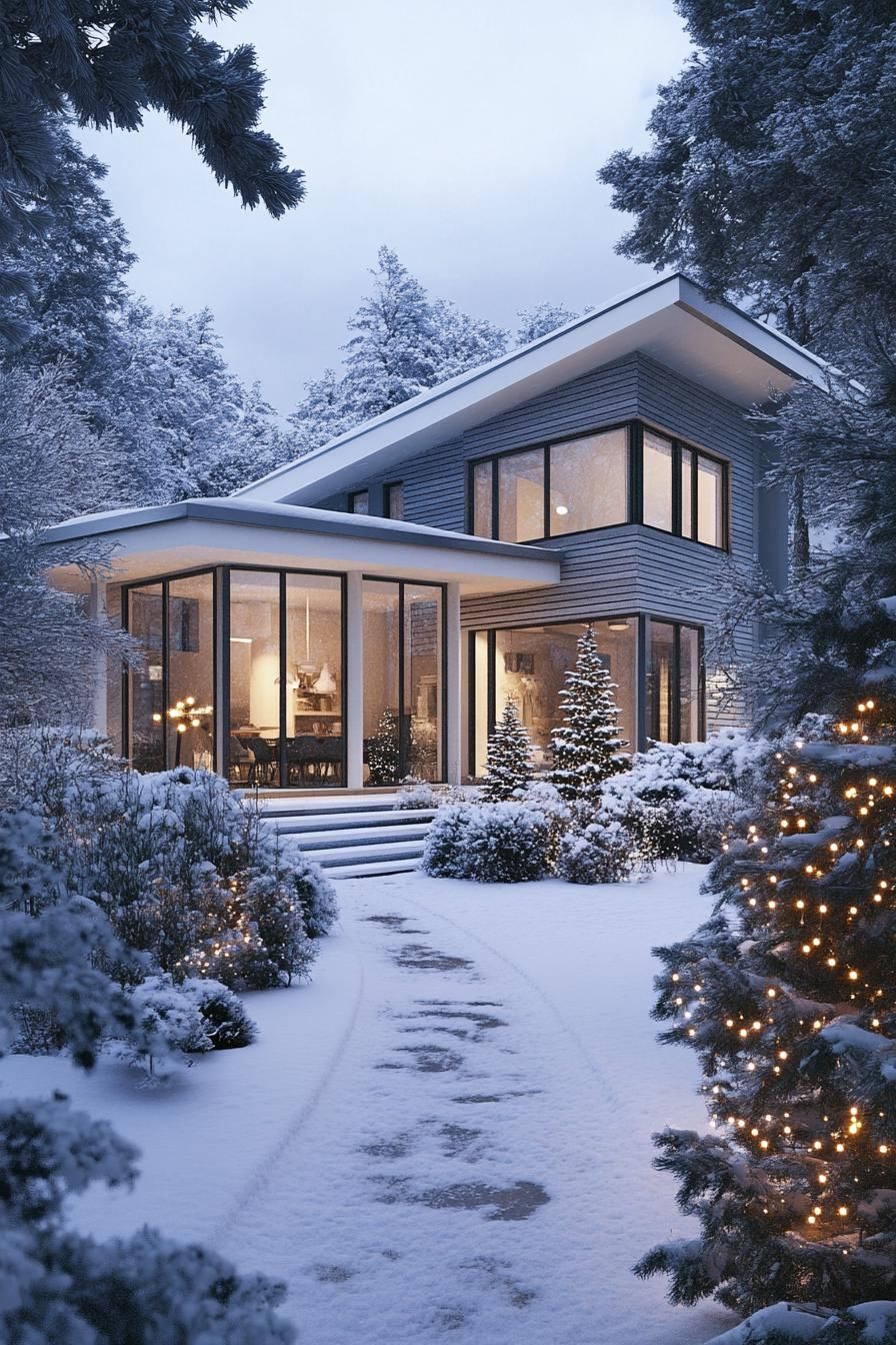 front view of a modern cottage house with grey horizontal slatted siding large white windows multi pitched roof with snow porch with white columns 1