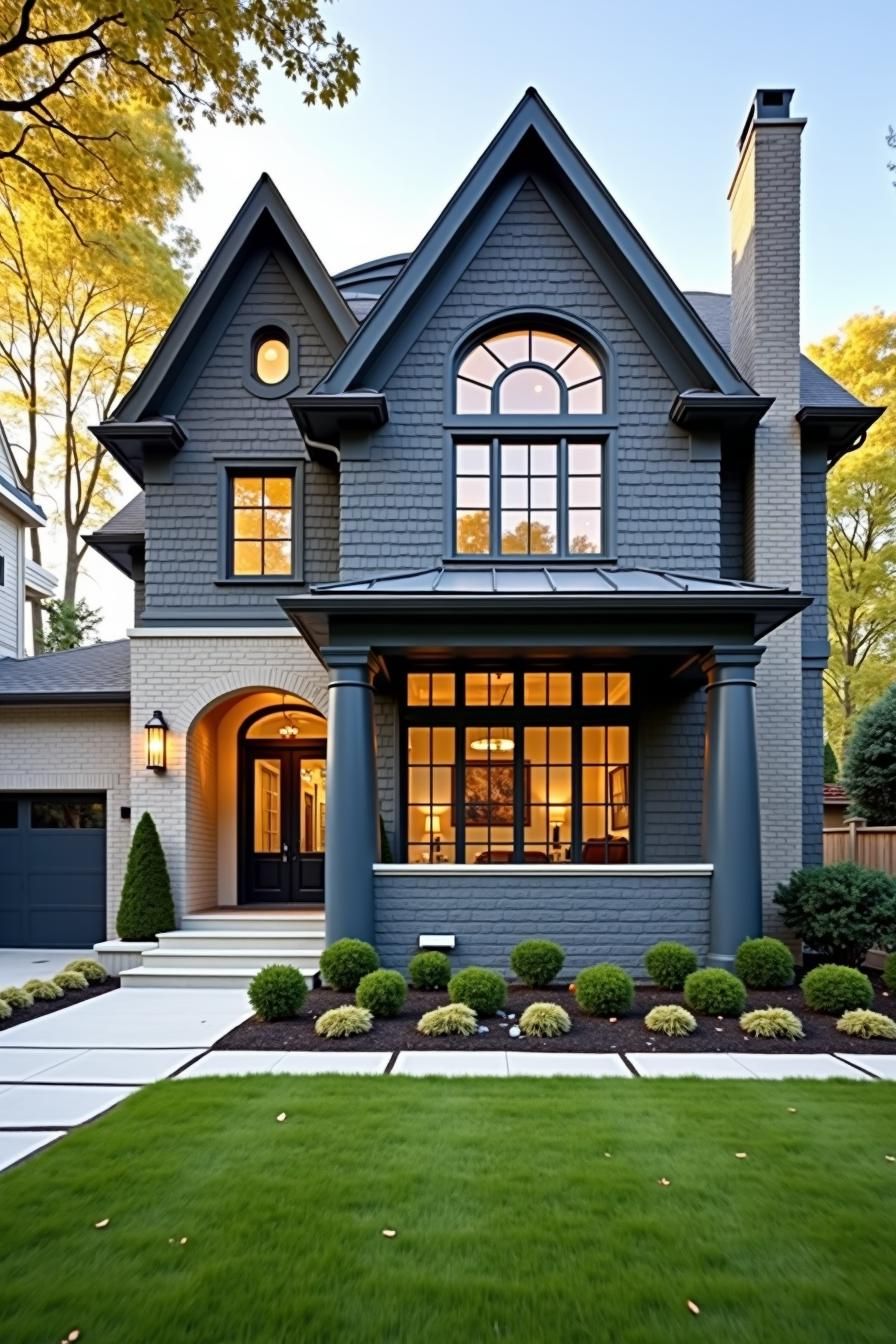 Elegant suburban house with arched windows and lush lawn