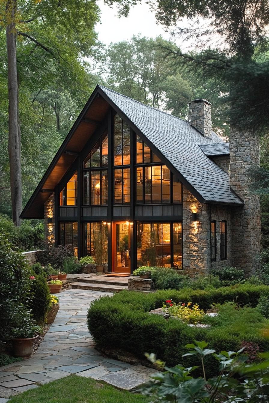 Cozy stone cottage with a large glass facade