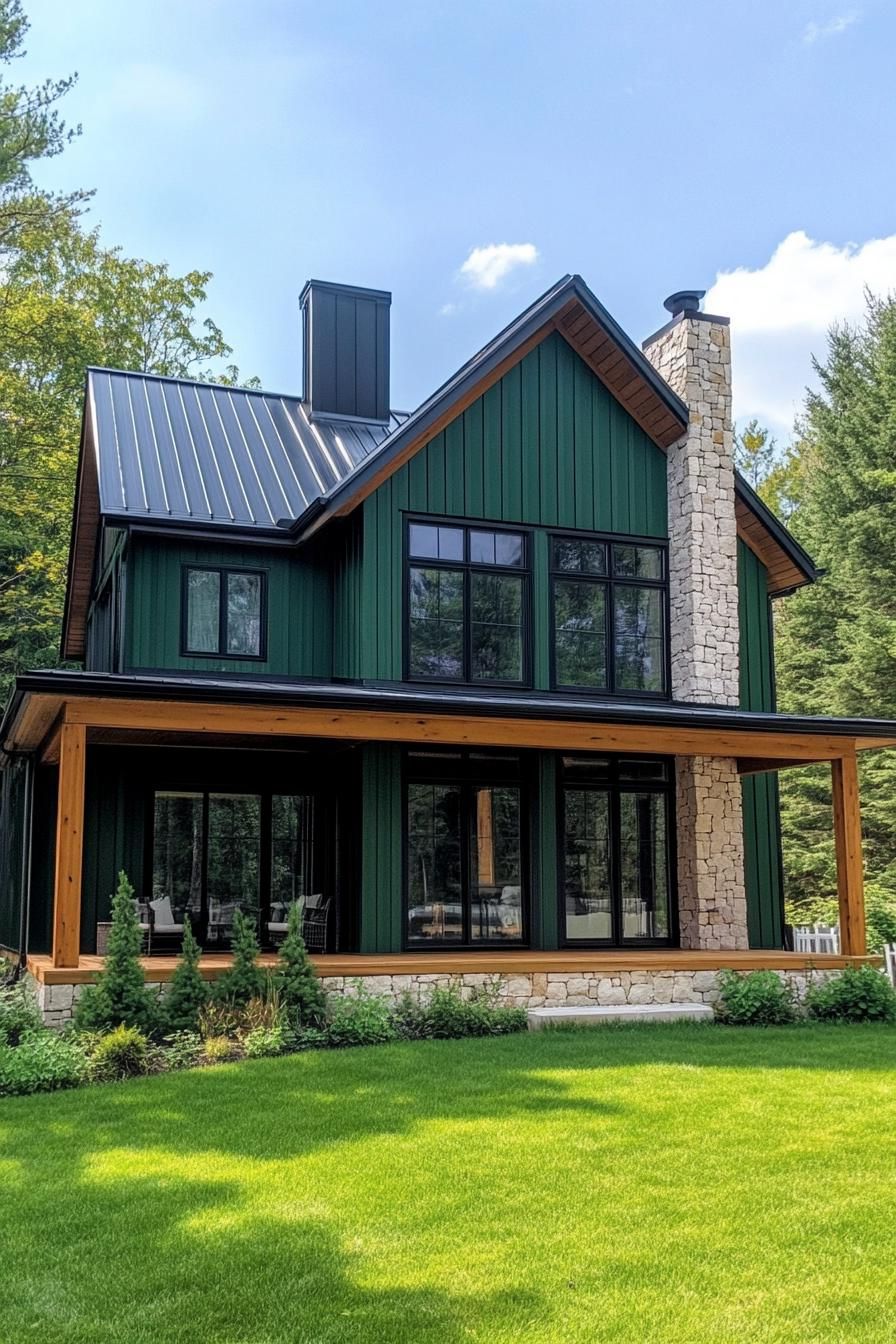 Modern farmhouse with green siding and stone chimney