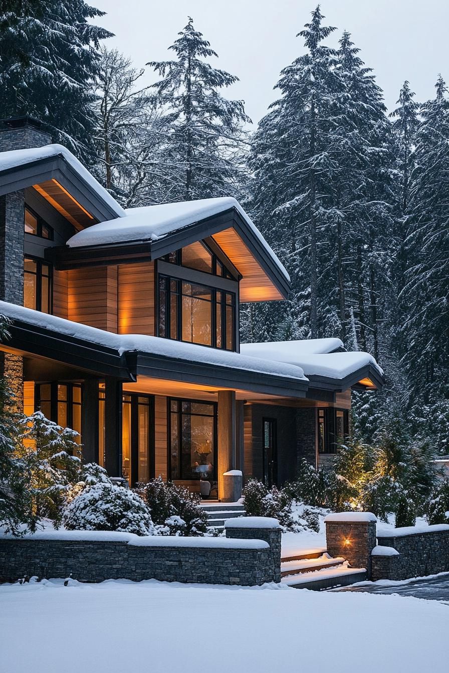 front view of a modern forest mansion in winter wooden siding large modern windows multi pitched roof with snow large front porch front stone