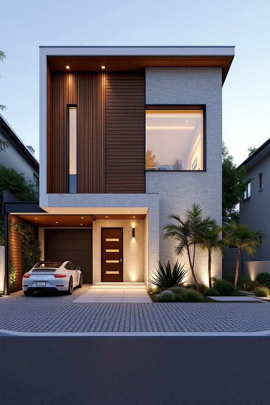 Modern house facade with a mix of wood and stone elements