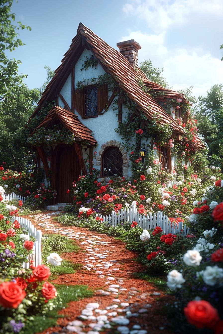 Charming cottage with roses and a winding path