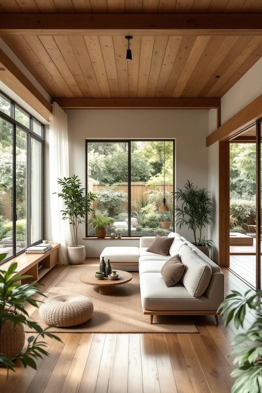 Bright living room with large windows, minimalist furniture, and lush plants