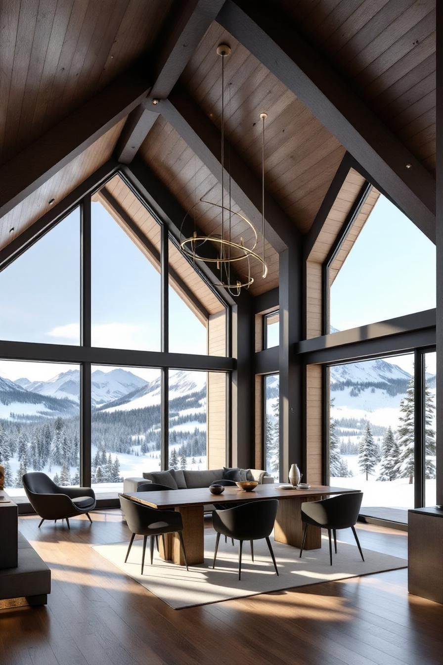 Chic modern cabin interior with stunning mountain views