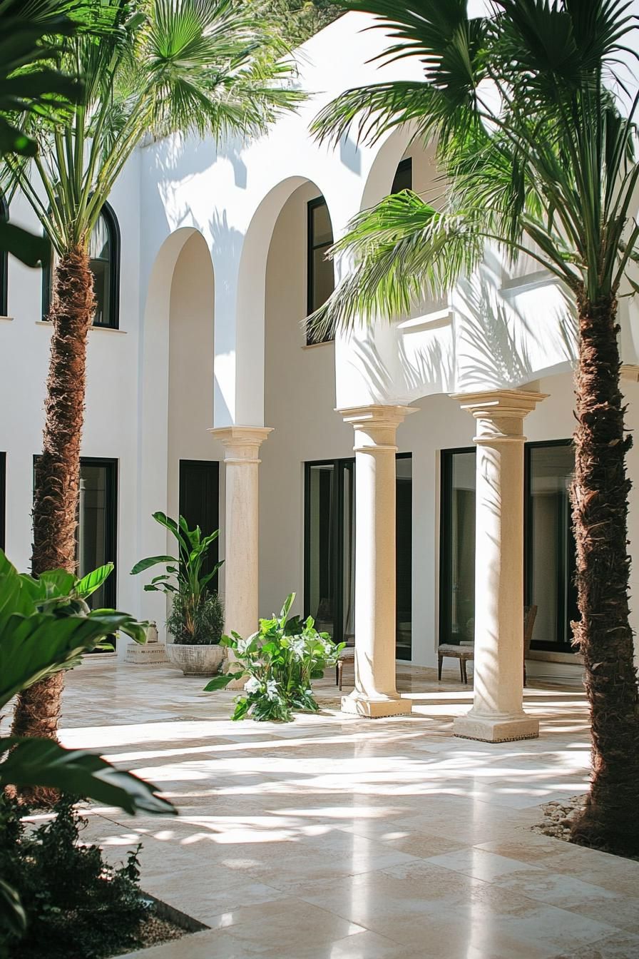 mediterranean house courtyard with arches and columns modern windows limestone pavement tall palms 1