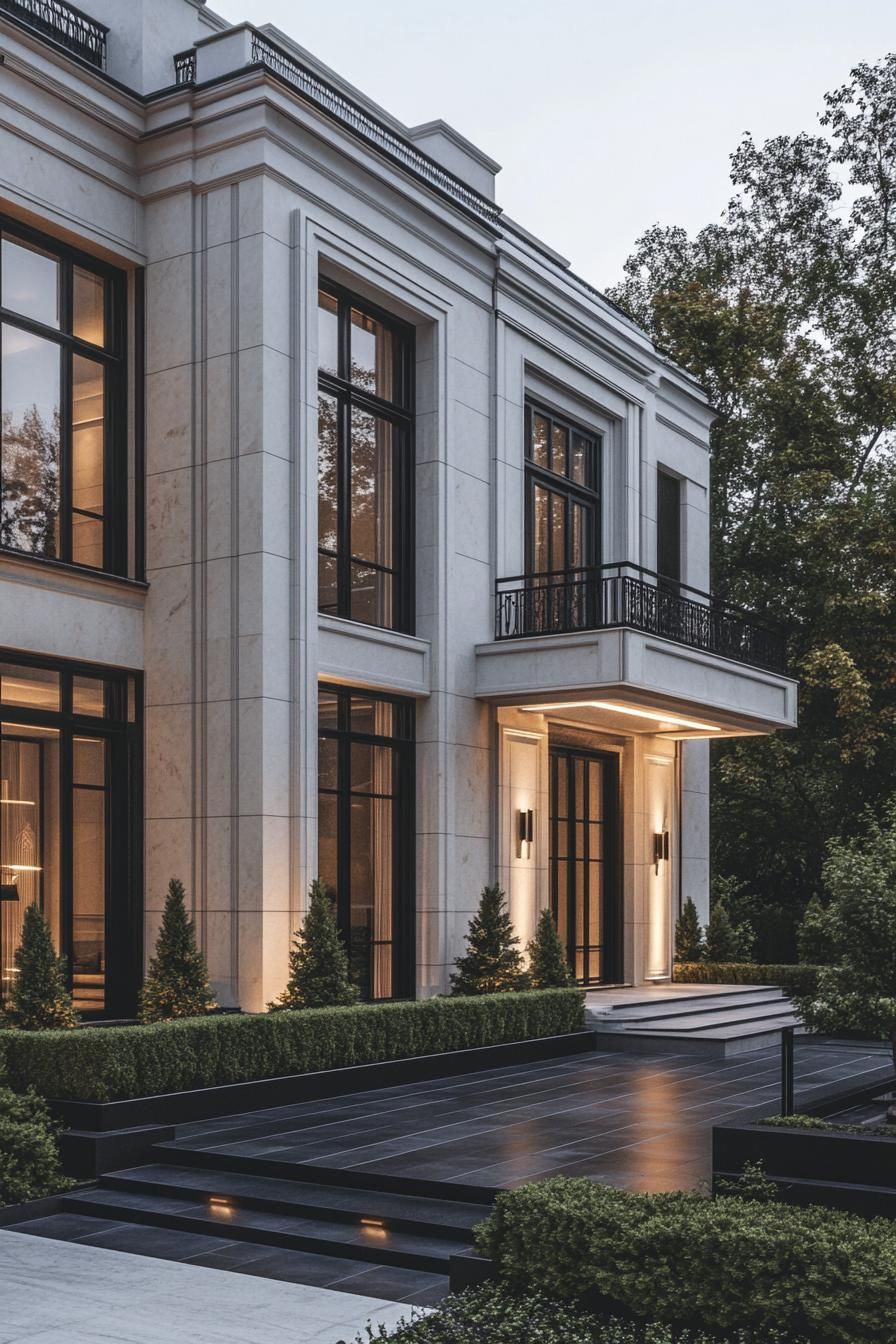 Luxurious house entrance with large windows and manicured hedges