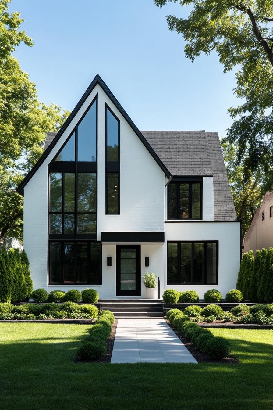 White house with black accents and a pitched roof