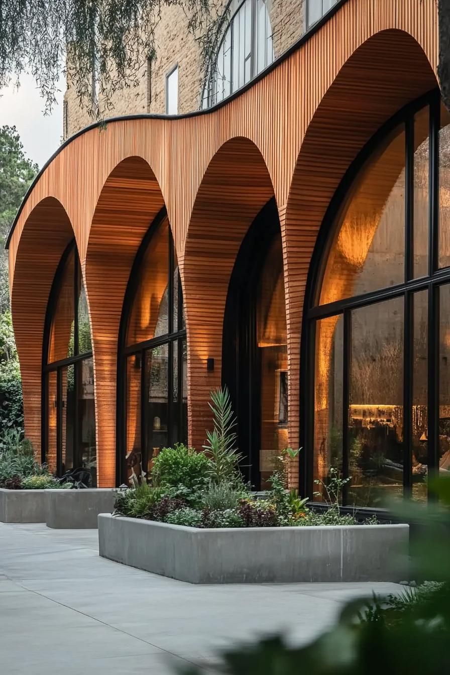 Stylish wooden arches adorn a modern building