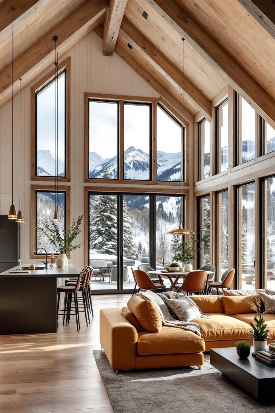 Cabin interior with large windows and mountain views