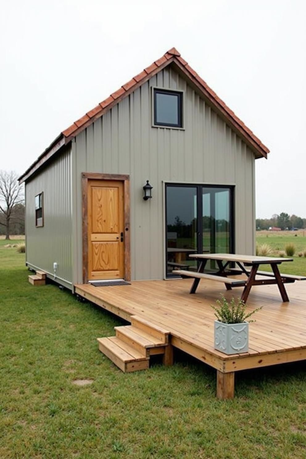 Tiny house with wooden deck and picnic table