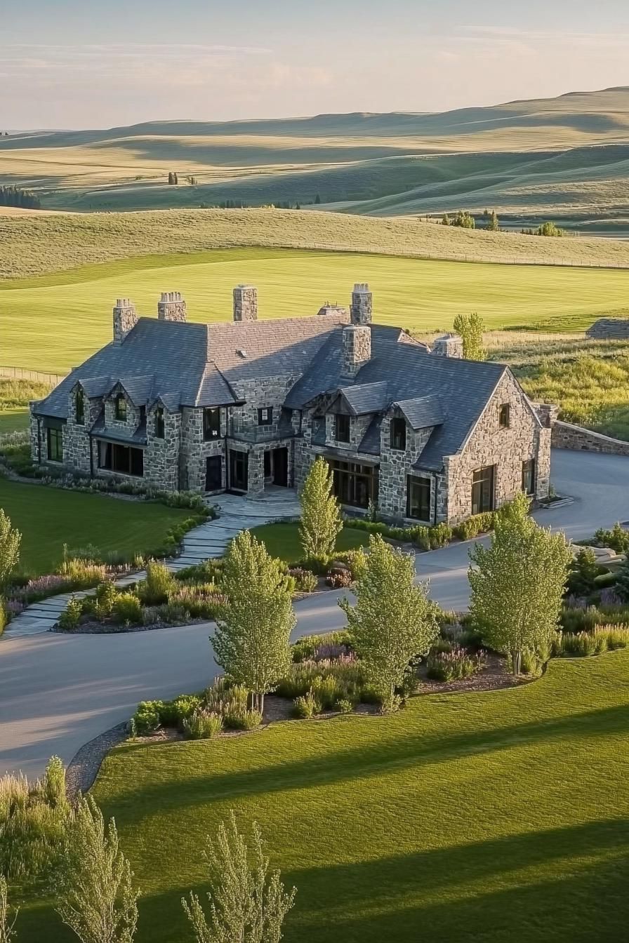 Large stone mansion with slate roof surrounded by green landscape