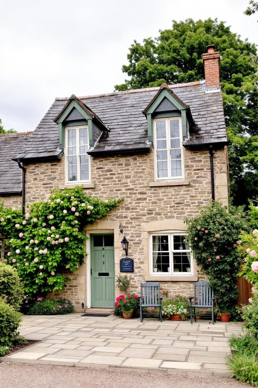 Charming stone cottage with blooming roses