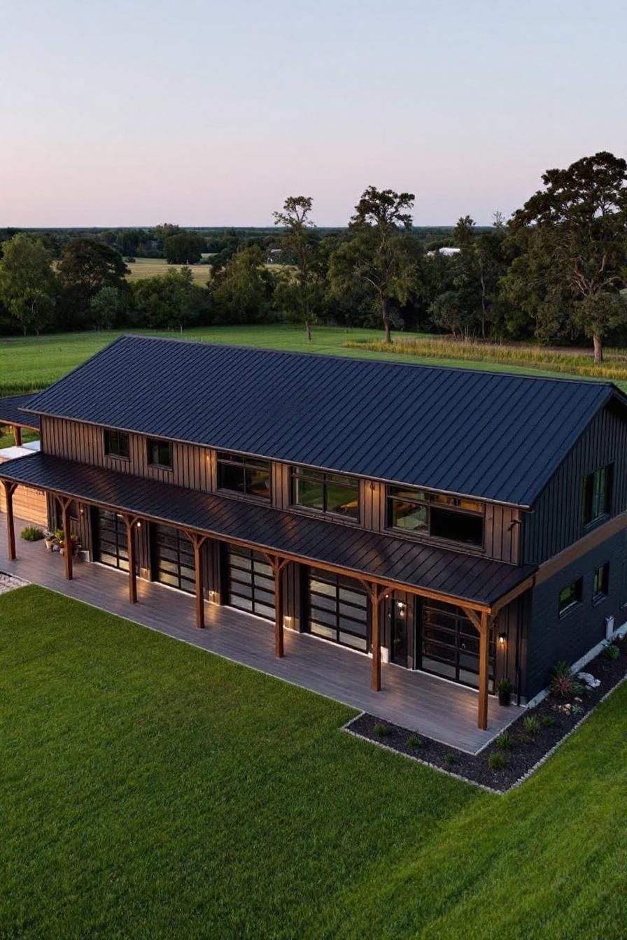 Sleek barndominium with black metal roof