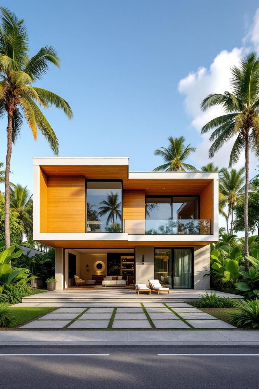 Modern tropical house with large windows and palm trees