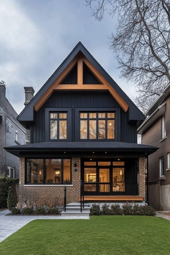 black cottage with brick walls