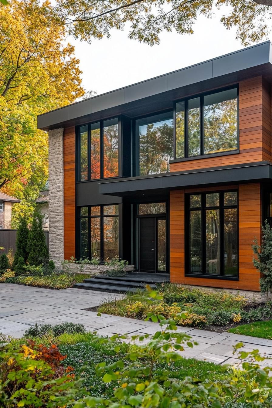 modern house with multi shade timber cladding large modern windows with black trim paved yard with geometric shrubs 1