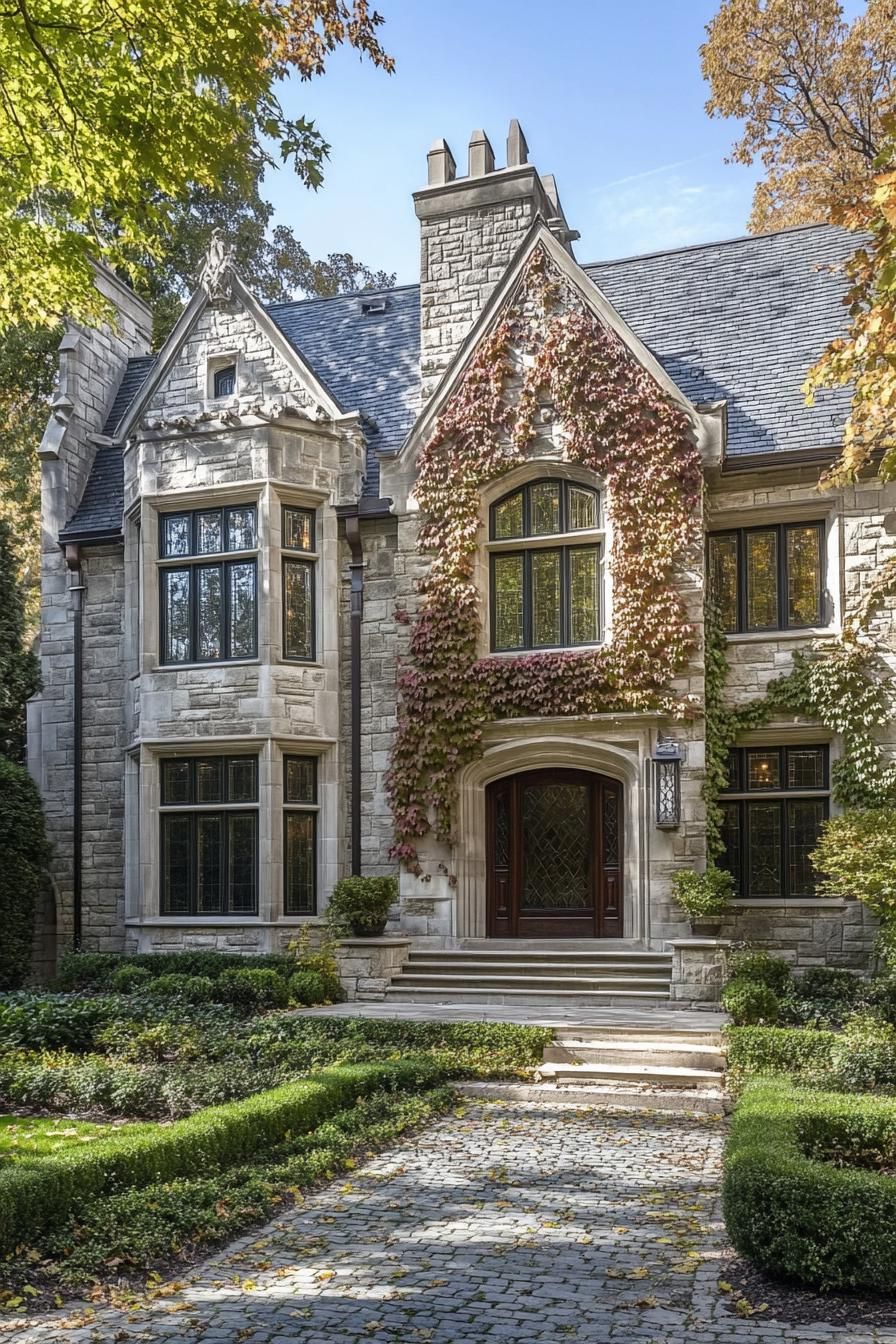 tudor style stone manor on woodlands facade with vines modern windows cobbleston yard 1