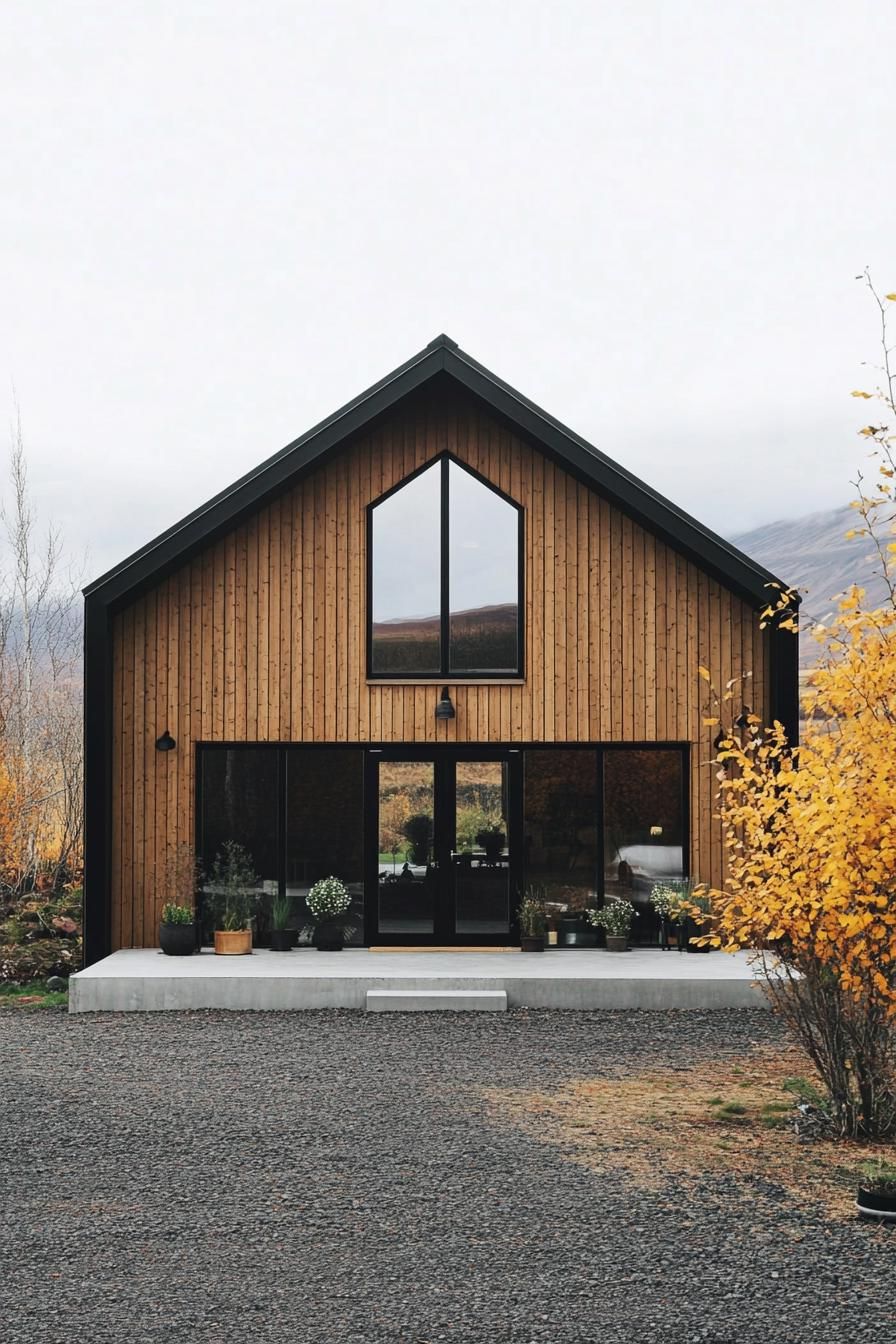 Wooden barndominium with black-framed windows and autumn trees