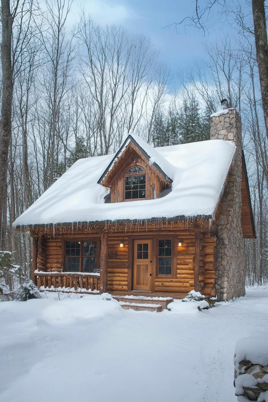 Small log cabin with snow-covered roof surrounded by tall trees