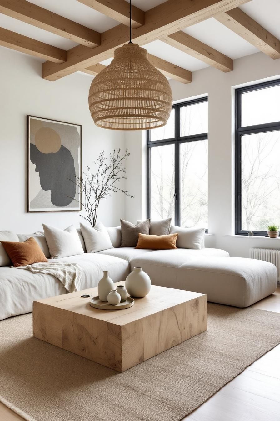 Minimalist living room with natural wood accents