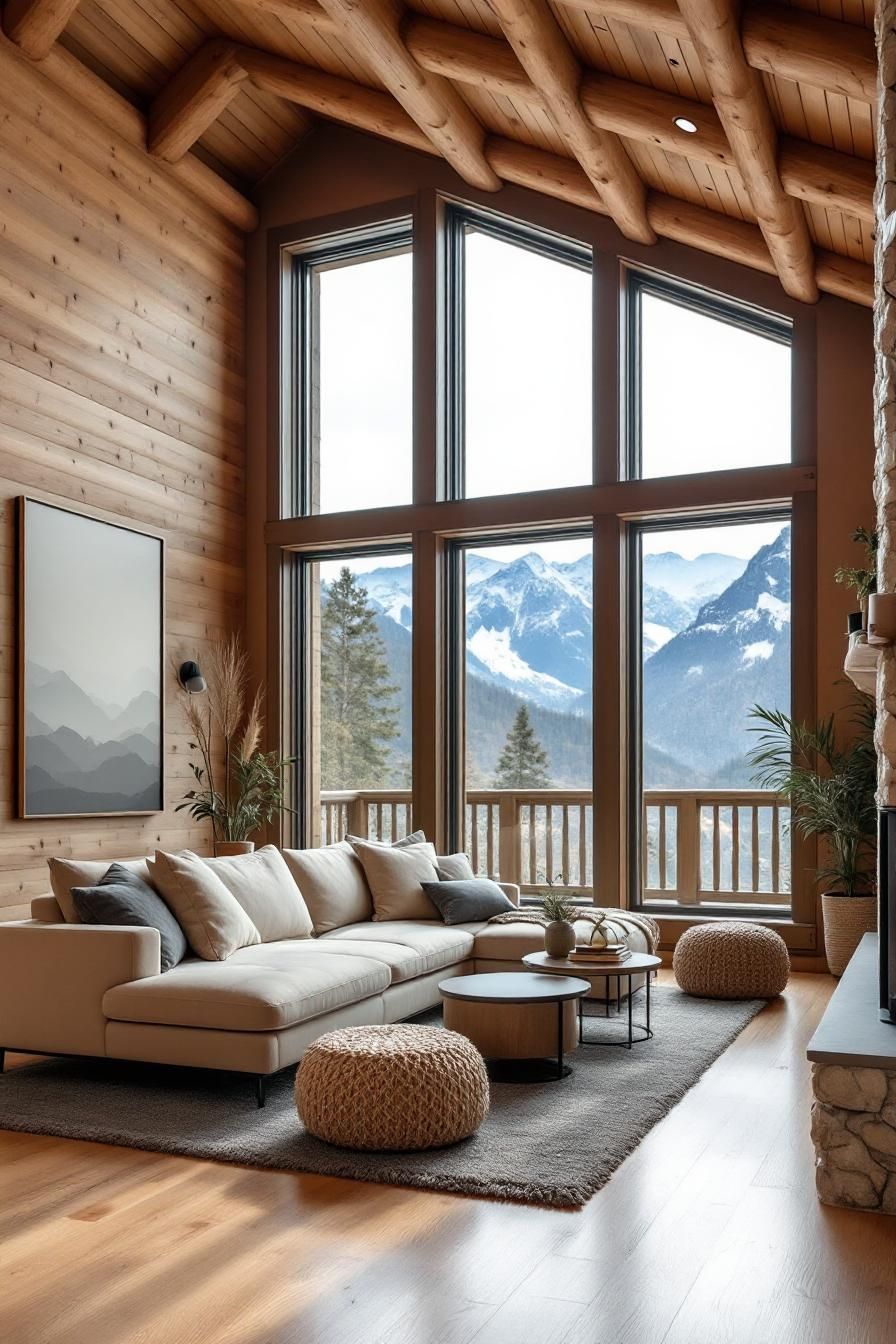 Cozy modern cabin living room with large windows and mountain views