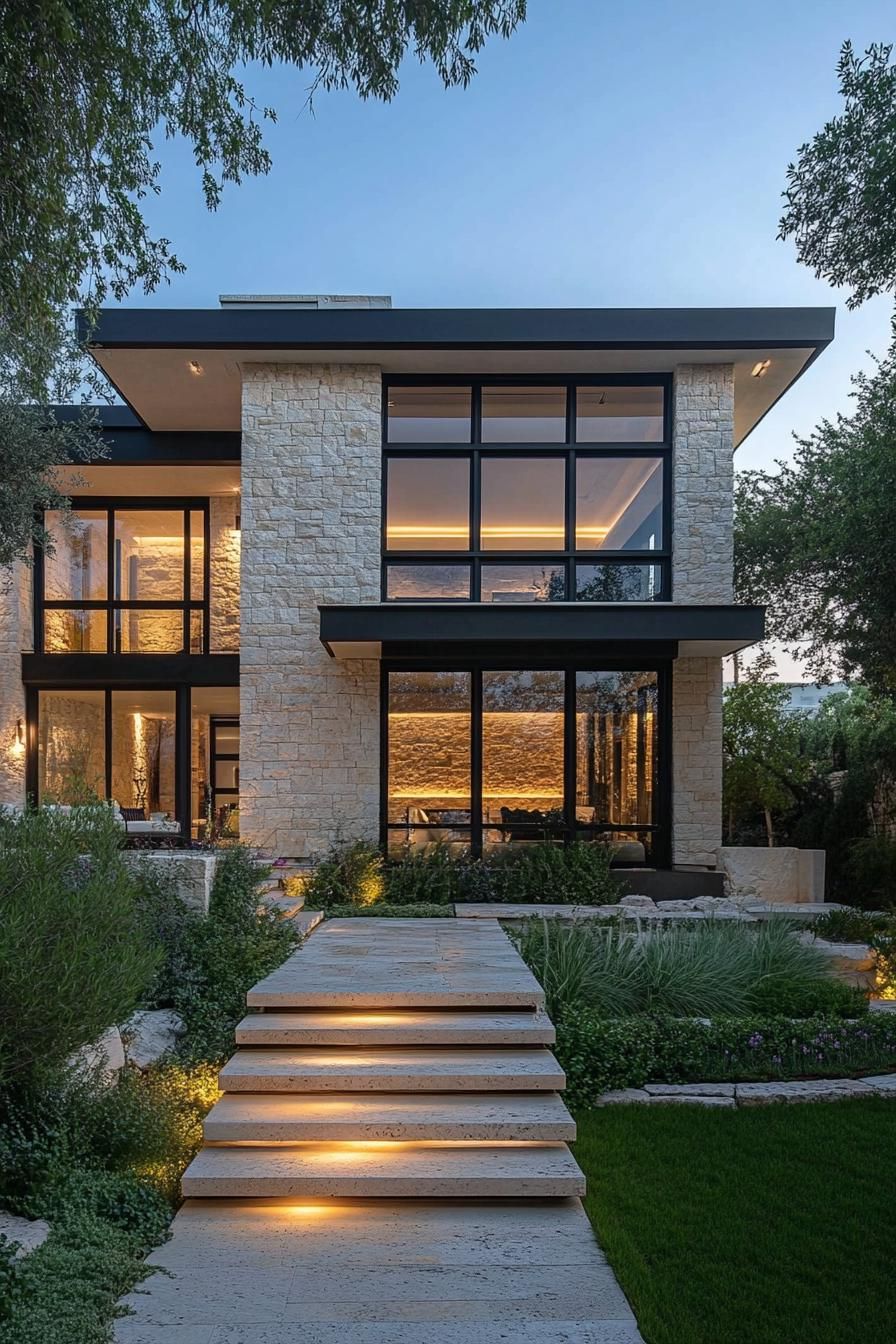 Modern stone house with large windows at dusk