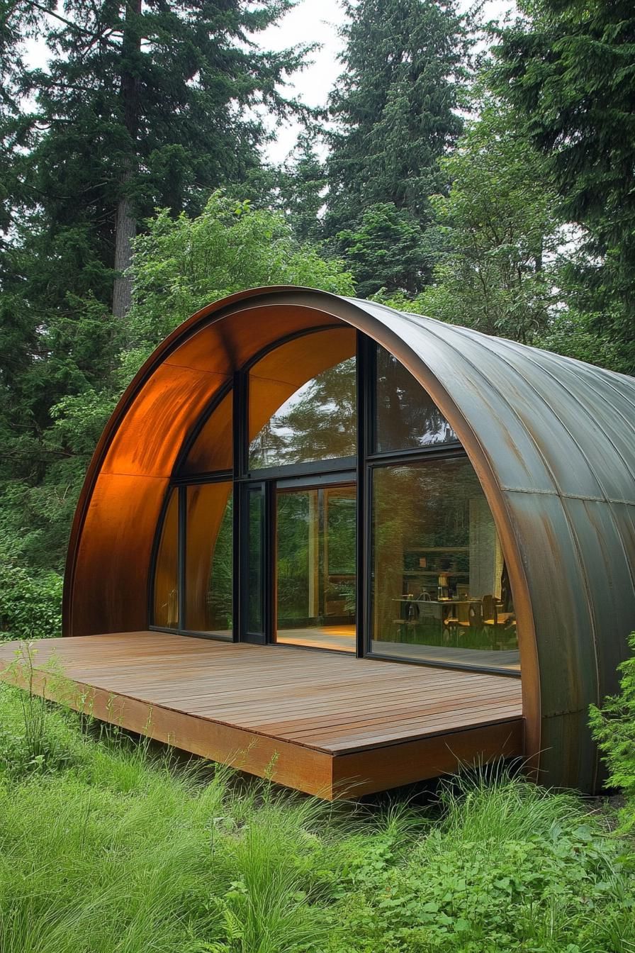 Quonset hut with sleek glass façade in a forest setting