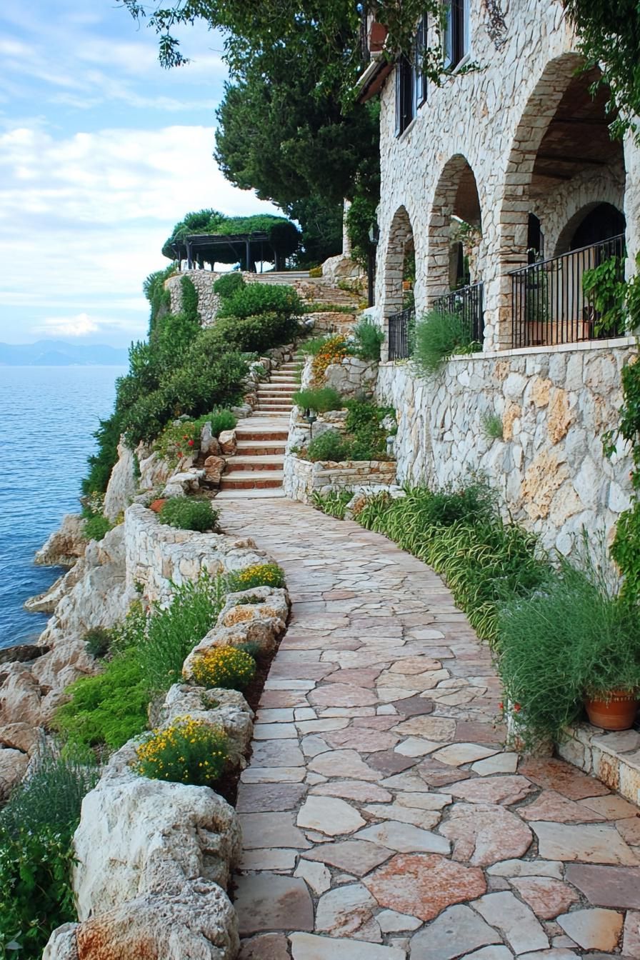 italian cliff villa with stone paved path with steps boulder borders with native plants stone facade with arches stunning sea view 1