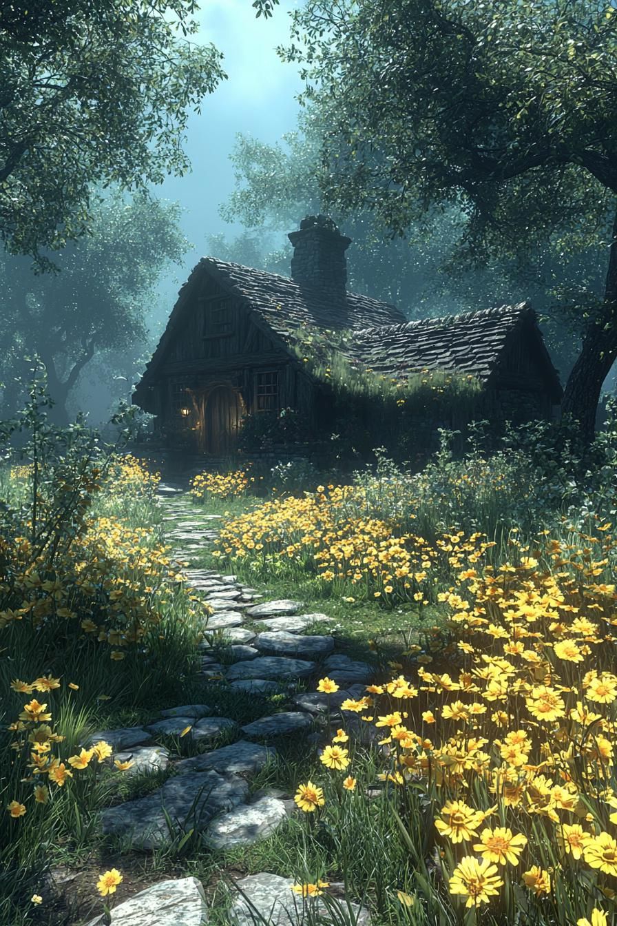 Charming cottage with stone pathway and yellow flowers