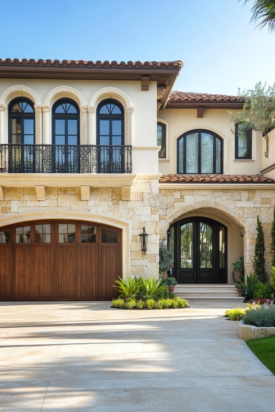 Elegant Mediterranean-style house with stone walls and wood accents