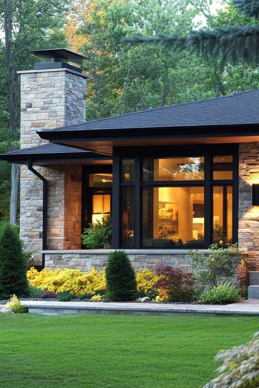 Modern home with stone facade and large windows