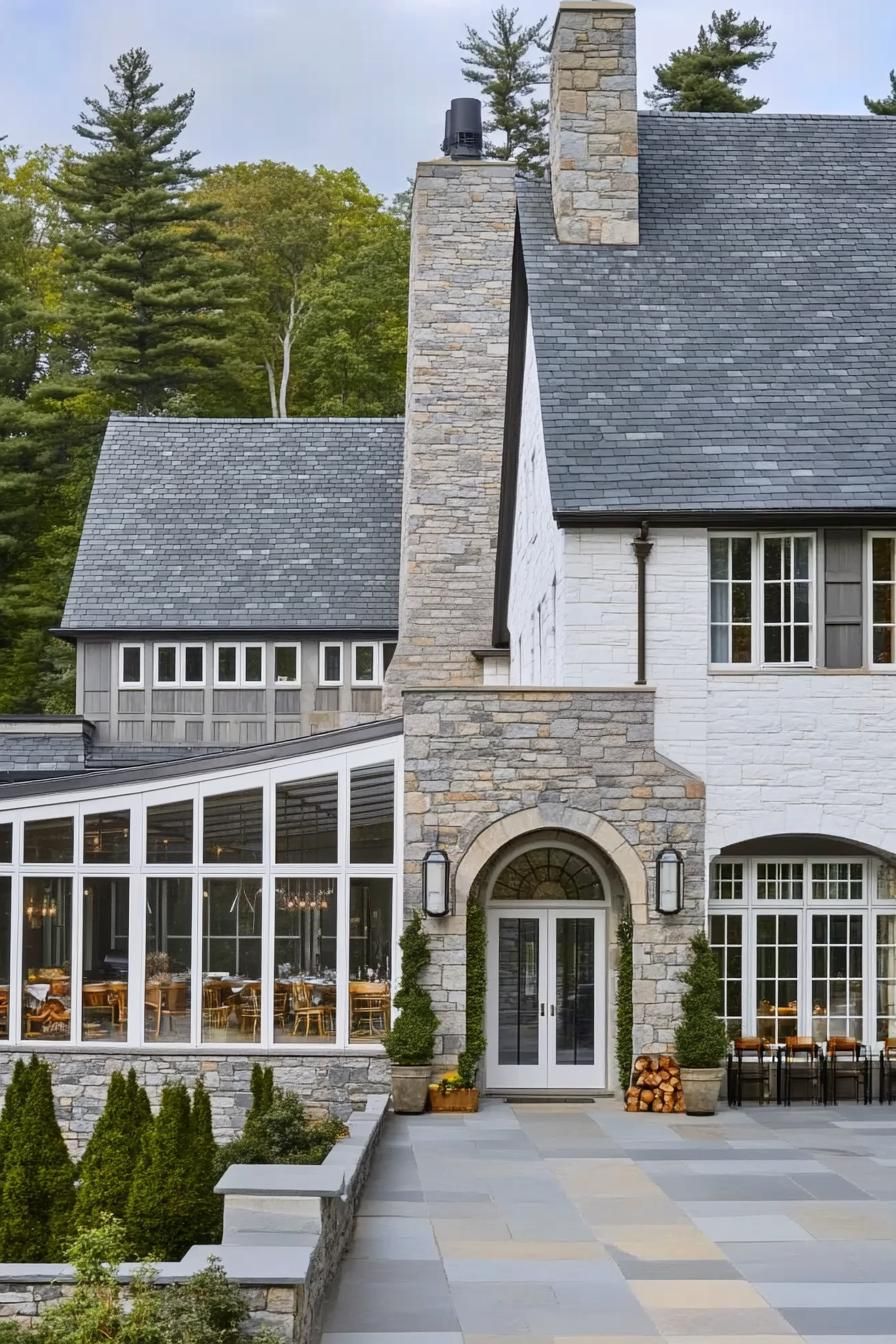 Stone house with large windows and lush greenery