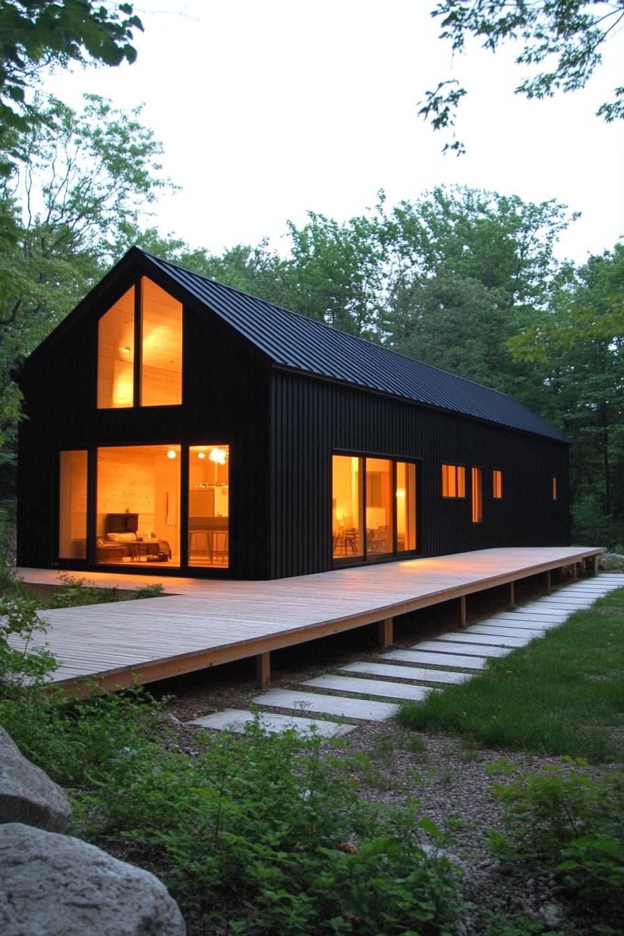 Modern longhouse with glowing windows against a forest backdrop