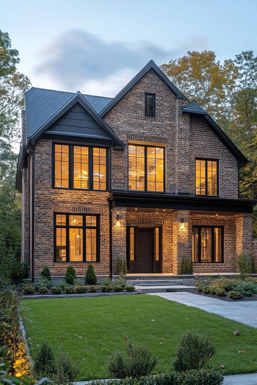 Elegant two-story brick house with glowing windows at dusk