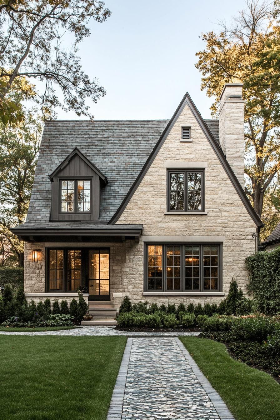 Stone house with gabled roof and lush greenery