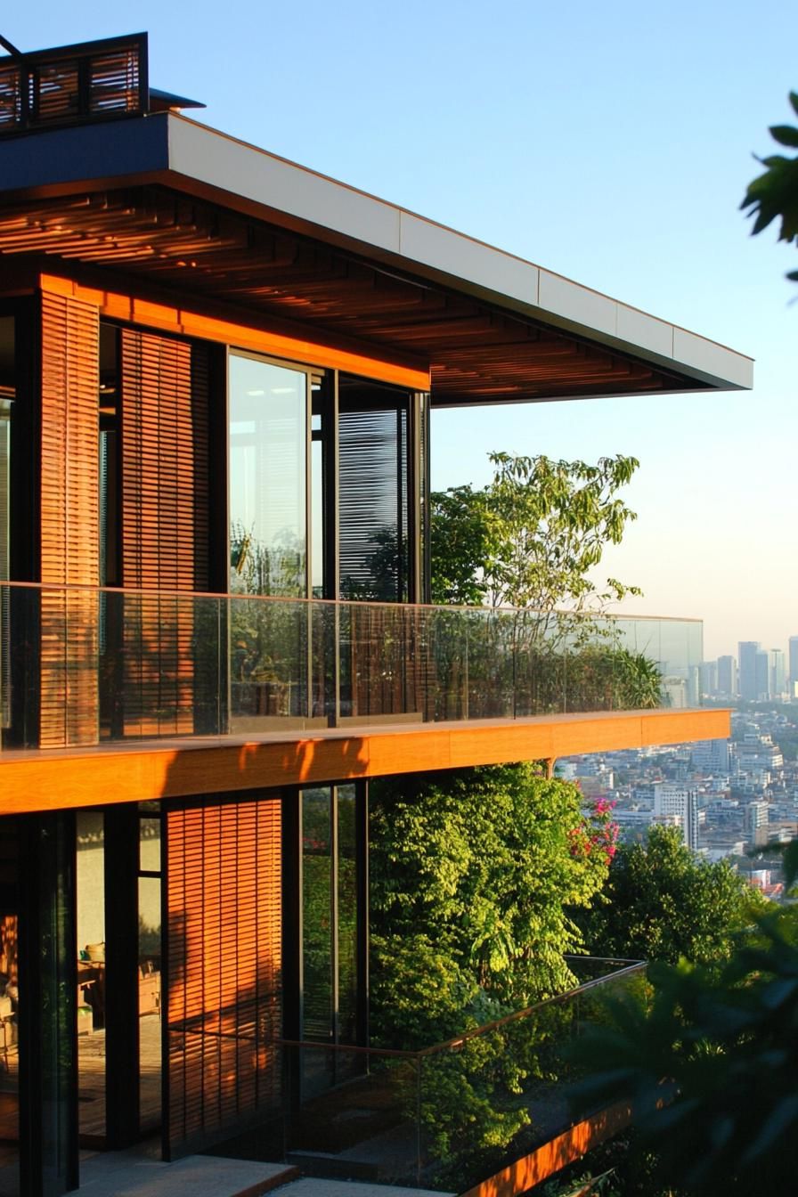 A Thai house with glass walls overlooking a cityscape at sunset