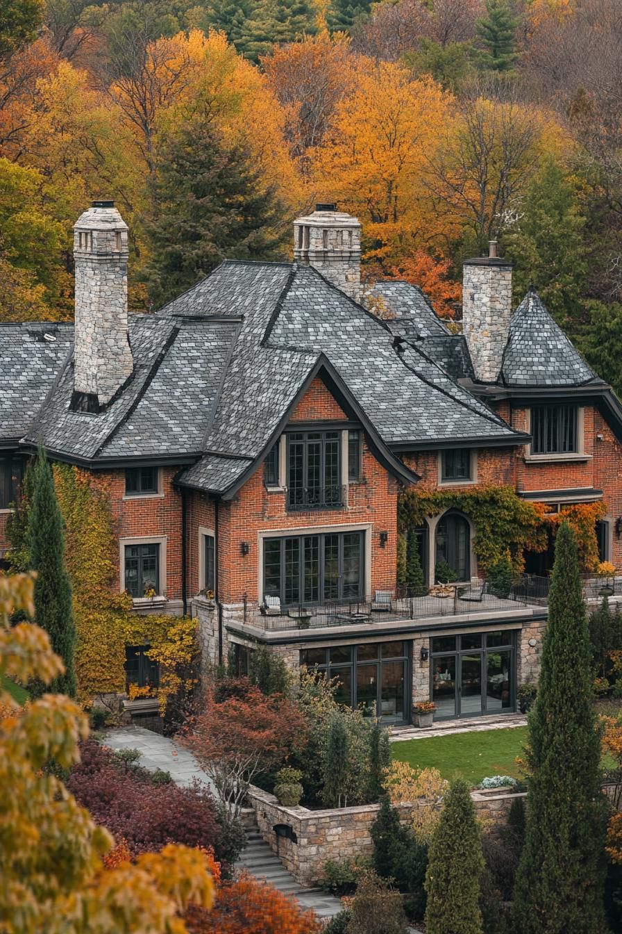 high angle view of large manor house with brick siding modern windows roof with gables and grey stone shingles chimney vines on facade front 3