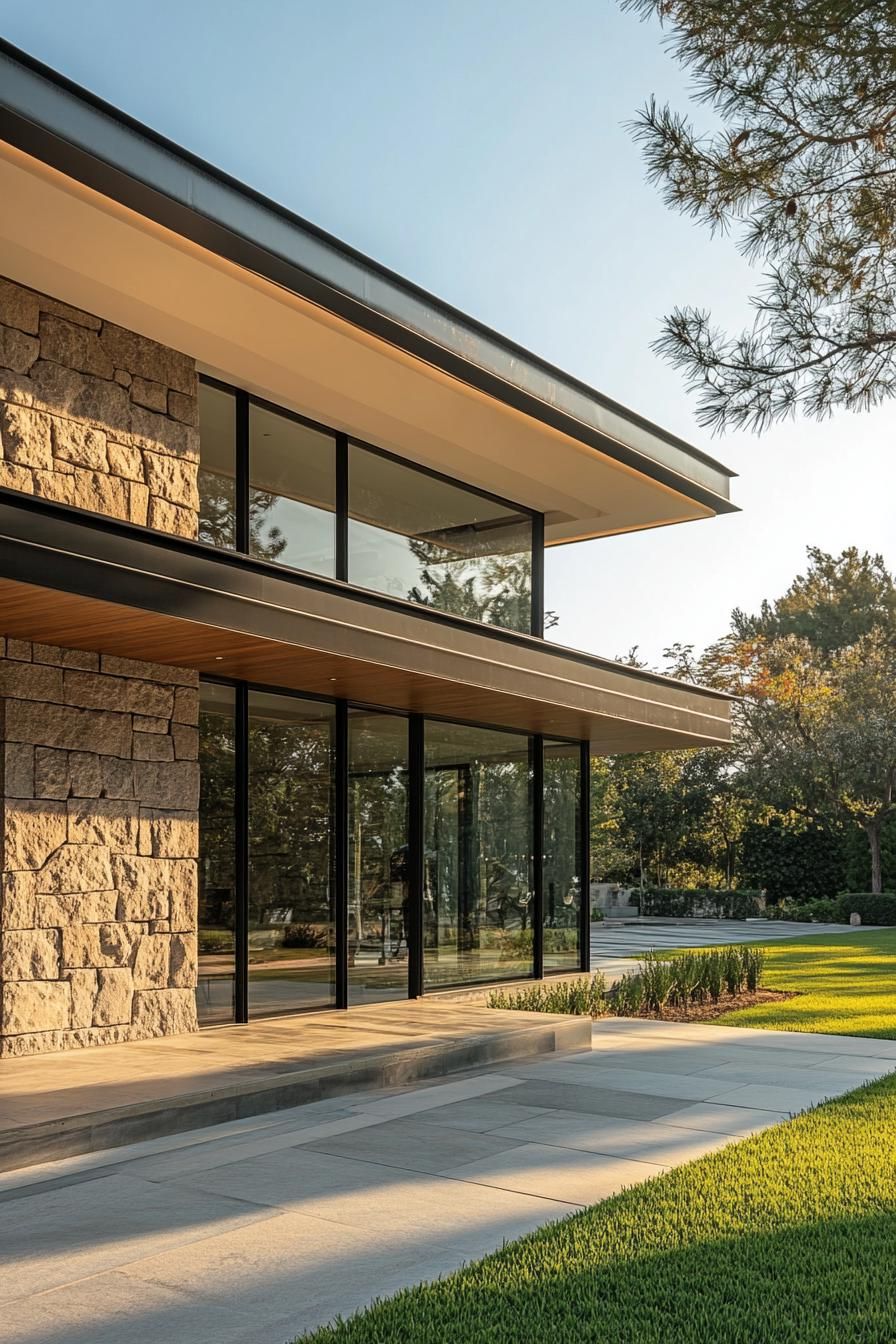 Modern two-story house with glass and stone exterior